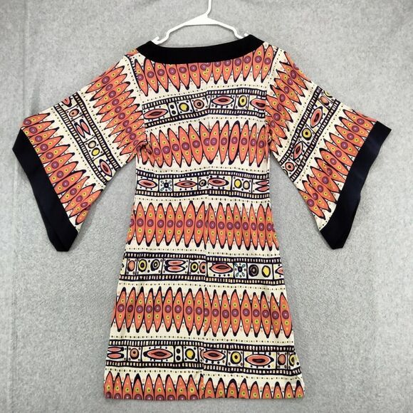 Trina Turk Sheath Dress Womens Size 0 100% Silk Orange Blue Tribal Print Bell - Picture 9 of 12